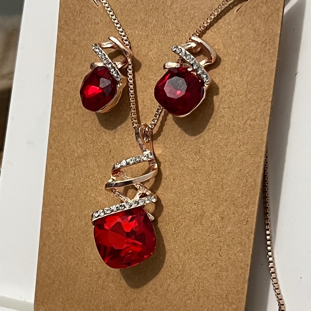 Rose Gold Red Crystal‎ Swirl Necklace Earrings Set Women Elegant Sparkle Jewelry